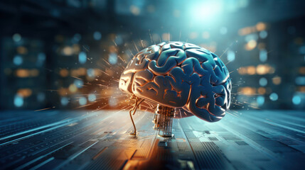 A conceptual portrayal showcasing the human brain in a futuristic digital realm,  depicting the integration of cognition with advancing technology