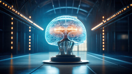 An artistic rendition depicting the human brain in a futuristic digital sphere,  highlighting the harmony between cognition and technological evolution