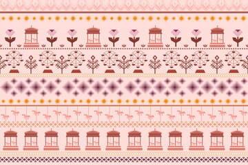 Ethnic geometric sweet pastel tulip flower, trees, sun, carousel, Ferris wheel on beige background. Bohemian style design for fabric, clothing, texture, embroidery, elements, ornament, wallpaper