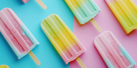 Fototapeta premium Top view fresh popsicles on rainbow background, Flat lay Minimal fashion summer holiday vacation concept