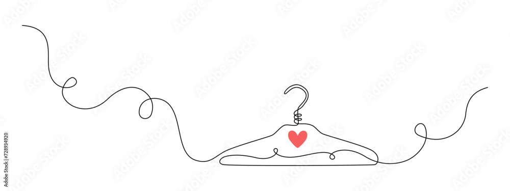 Poster One continuous drawing of hanger and flourish art. Concept symbol for dry cleaning and laundry service in simple linear style. Editable stroke for elegance web banner. Doodle vector illustration