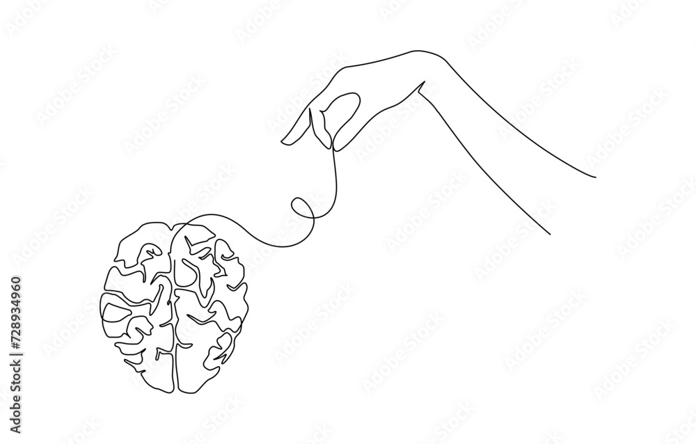 Poster continuous one line drawing of mental health concept with hand and human brain. symbol of clean mind