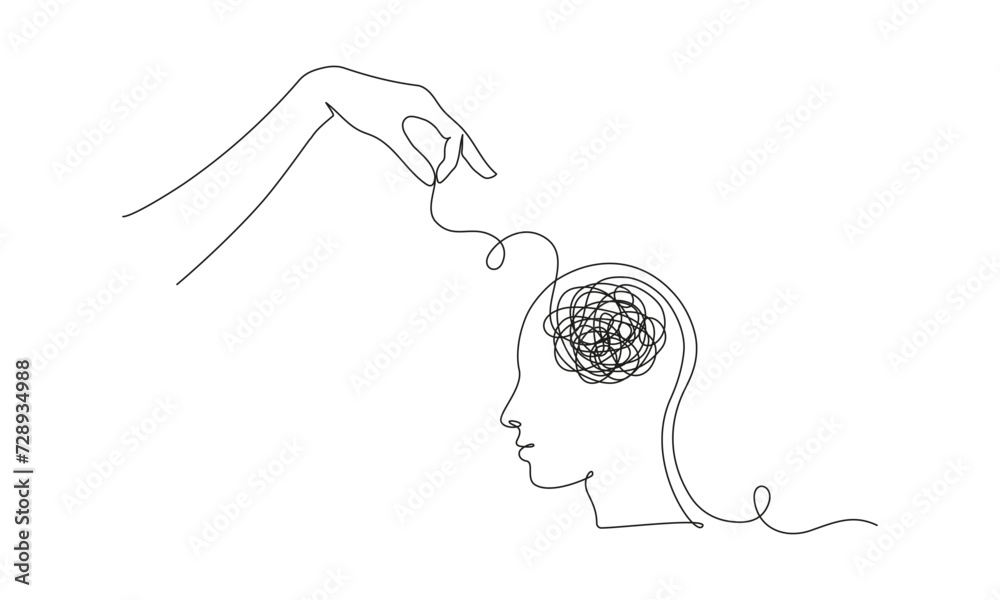 Poster continuous one line drawing of mental health concept. symbol of confused thoughts and problems and p