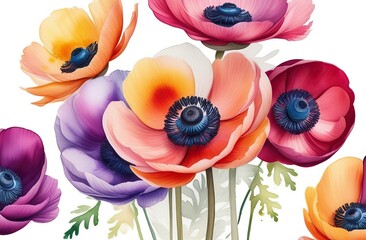 Bright, multicolored anemones on a white background. Watercolor illustration for design, print or background