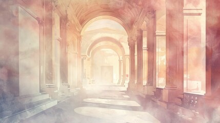 Watercolor illustration of classical columns with a luminous, ethereal glow, suggesting a historic or museum setting. Generative AI