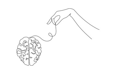 Continuous one line drawing of mental health concept with hand and human brain. Symbol of clean mind and brain diseases in simple linear style. Editable stroke. Doodle Vector illustration
