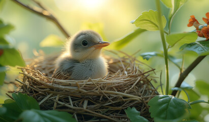 Obraz premium A small bird sitting in a nest on a tree. Generative AI 