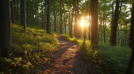 Fototapeta premium As the sun sets the forest takes on a surreal and otherworldly feel with the backlit trees and winding trail.
