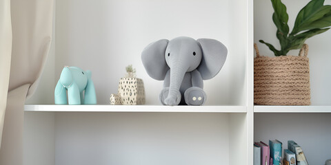 Cute soft toy elephant on a wooden table. 3D rendering. 