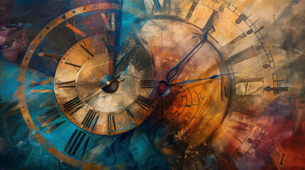 Distorted clocks and fractured timelines come together to portray the concept of time travel as a journey through different dimensions each with its own unique flow of time.