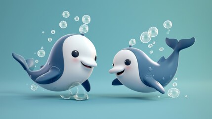 Cartoon scene of a dancing whale duo one holding the others flippers as they spin and twirl in perfect harmony leaving a trail of bubbles behind.