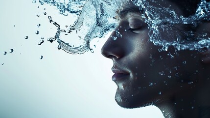 Face of a calm man with water splashing around him harmoniously. Male face with freshness, hydration and natural beauty of skin care. - obrazy, fototapety, plakaty