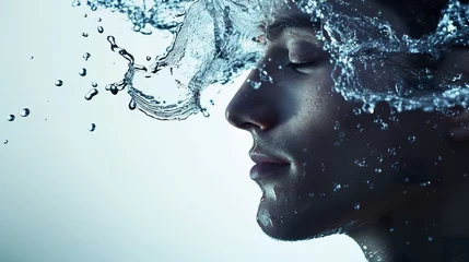 Foto op Canvas Face of a calm man with water splashing around him harmoniously. Male face with freshness, hydration and natural beauty of skin care. © Vagner Castro