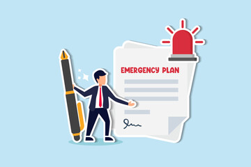 Create business emergency plan, disaster checklist for biz continuity and resilience. concept, smart businessman leader holding pencil with paper of emergency plan flashing siren.