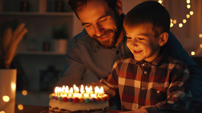 A father and son holding a birthday cake
