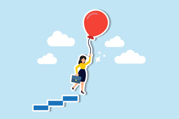 Empowered women leaders Breaking boundaries, overcoming struggles, embracing freedom, and seizing opportunities concept, success businesswoman flying with air balloon from top of ladder or stairway. - obrazy, fototapety, plakaty