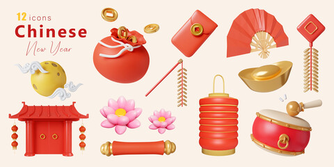 3d Chinese New Year Elements icon set. 3d rendering illustration. Clipping path.