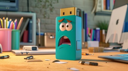 A USB drive attending a workshop on organizing files with a look of confusion and frustration as they try to fit their oversized capabilities into the labeled categories.