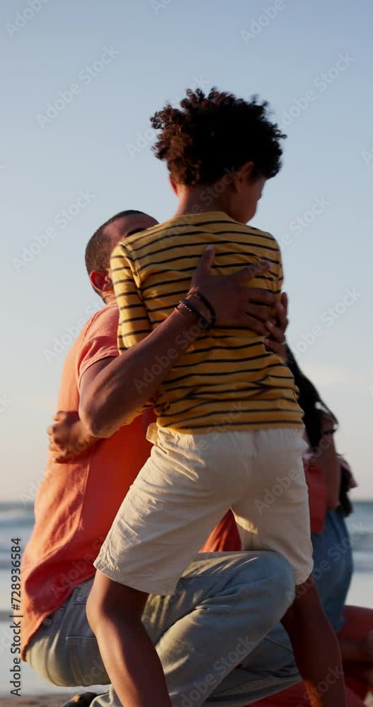 Canvas Prints Father, grandfather and children at beach hug parents on holiday, vacation or adventure. Happy family, high five and grandpa, dad or kids embrace by ocean for bonding, relax or fun outdoors in nature