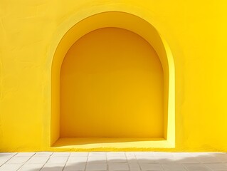Modern Blank yellow color Wall with Recess in arch shaped. Boho style interior minimal scene. platform for product shoot advertising concept with empty area. copy space. mockup.