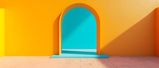 Modern Blank orange and blue color Wall with Recess in arch shaped. Boho style interior minimal scene. platform for product shoot advertising concept with empty area. copy space. mockup.