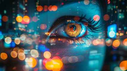 Double Exposure of Eyes Illuminated by Neon City Lights - 728937315