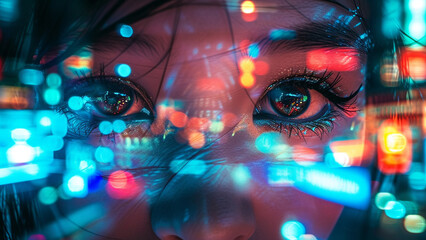 Double Exposure of Eyes Illuminated by Neon City Lights - 728937321