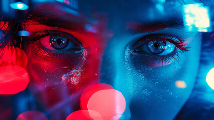Double Exposure of Eyes Illuminated by Neon City Lights - 728937335