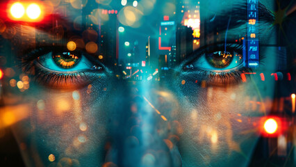 Double Exposure of Eyes Illuminated by Neon City Lights - 728937344