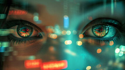 Double Exposure of Eyes Illuminated by Neon City Lights - 728937348