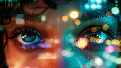 Double Exposure of Eyes Illuminated by Neon City Lights - 728937350