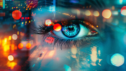 Double Exposure of Expressive Eyes Amidst Vibrant City Lights - 728937352