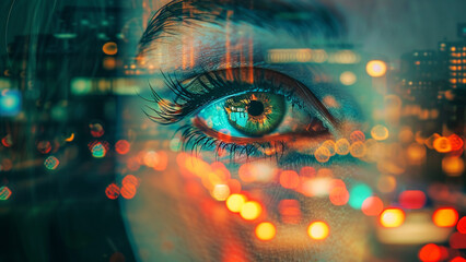 Double Exposure of Expressive Eyes Amidst Vibrant City Lights - 728937356