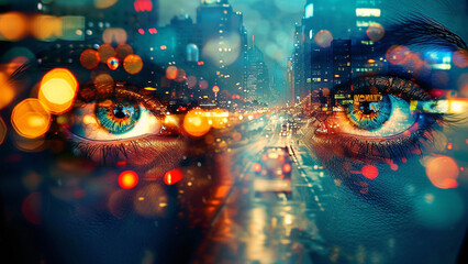 Double Exposure of Expressive Eyes Amidst Vibrant City Lights - 728937361