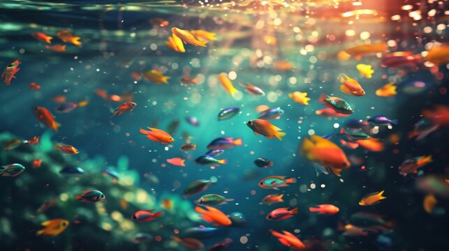 A school of fish their scales shimmering iridescently in the warm mineralrich waters darts through the underwater landscape their movements synchronized and graceful.