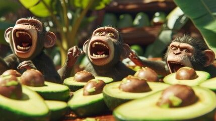 Cartoon scene On Guacamole Island a group of mischievous monkeys steal avocados from the locals and use them as ammo in their epic food fight. - obrazy, fototapety, plakaty