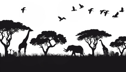 African savannah scene in silhouette with giraffes, an elephant, acacia trees, and a flock of birds against a wide, open sky