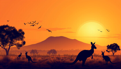 Australian outback scene at sunset, featuring the silhouettes of kangaroos and birds against a vibrant orange sky
