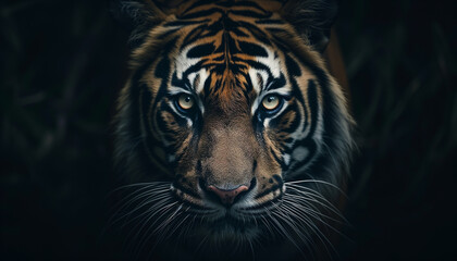 Fototapeta premium a close-up, intense portrait of a tiger's face, showcasing its piercing eyes, striped fur, and sharp whiskers with a deep, dark jungle background