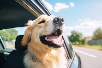 Head of happy lap dog looking out of car window enjoying road trip. Generative AI.