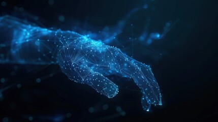 Naklejka premium Hologram of a glowing polygonal of interconnected lines humanoid robotic hand. Generative AI.