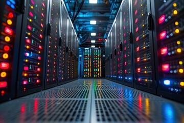 Server racks in server room data center. Generative AI.
