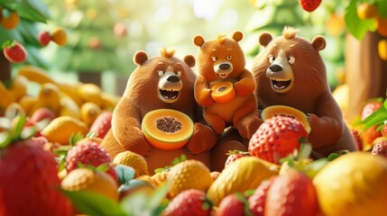 Cartoon scene A family of clumsy bears trying to pick the biggest gfruit they can find but causing a domino effect of falling fruits instead. - obrazy, fototapety, plakaty