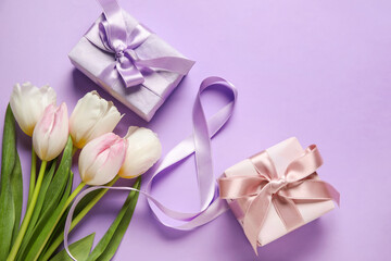 Composition with figure 8 made of ribbon, flowers and gift boxes on purple background. International Women's Day celebration