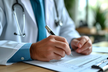 With a practiced hand, a doctor diligently fills out a medical form, carefully documenting a patient's history, symptoms, and treatment plan, ensuring the utmost care and attention to detail.