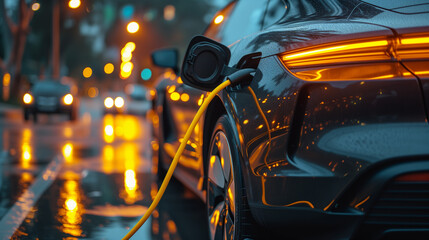 Fototapeta premium Electric Car Charging at a charging station. Generic electric vehicle EV hybrid car is being charged from a wall box on a contemporary modern residential building house. Electric car or EV is charging