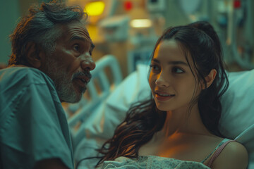 A father, his eyes filled with pride and affection, holds his daughter close, sharing a tender moment of connection and comfort amidst the clinical setting of the hospital.