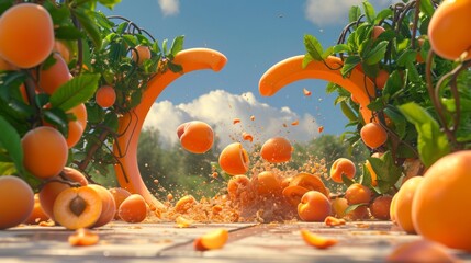 The apricot arch marvel turns into a disaster zone in this humorous cartoon scene two clumsy fruit ninjas have crashlanded into one of the arches leaving a trail of - obrazy, fototapety, plakaty