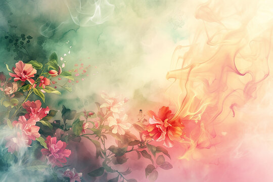 Generative AI Image of Watercolor Beautiful Flowers Painting on Pink Green Background
