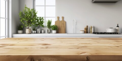 Minimal empty wooden counter top. Table top with copy space for product advertising mockup with kitchen interior details